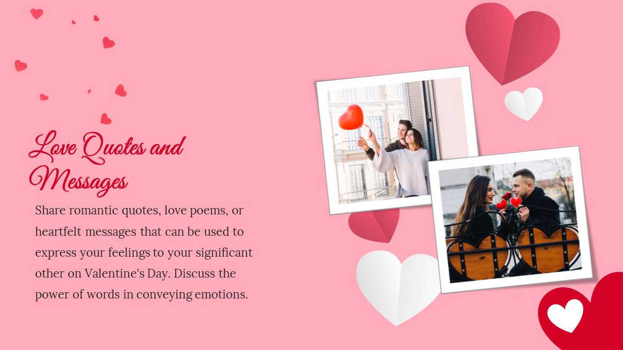 Pink background with left aligned text, and two tilted couple photos on right, surrounded by paper cut style hearts.