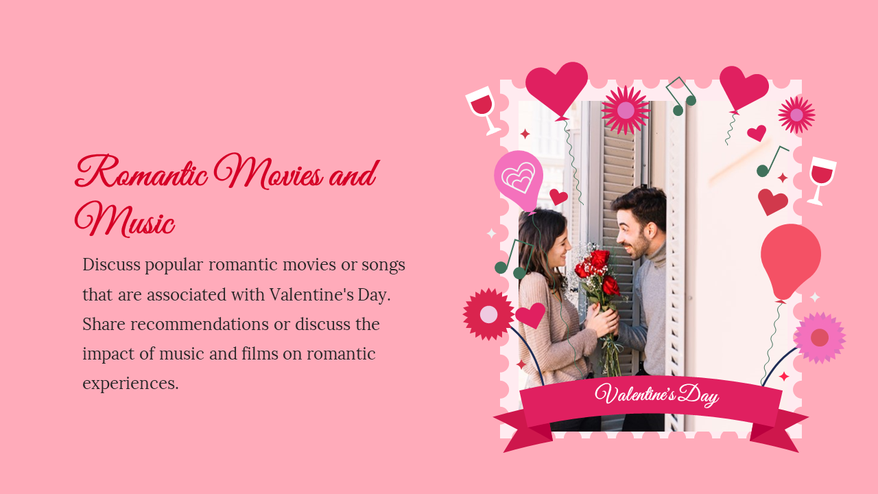 Pink slide with left aligned text and a right couple’s photo framed by hearts, flowers, wine, and balloons in red and purple.