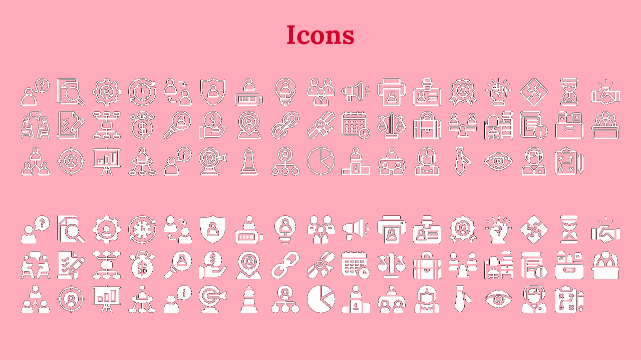 Slide with two sections of business and communication themed icons in both outline and solid styles on a pink background.