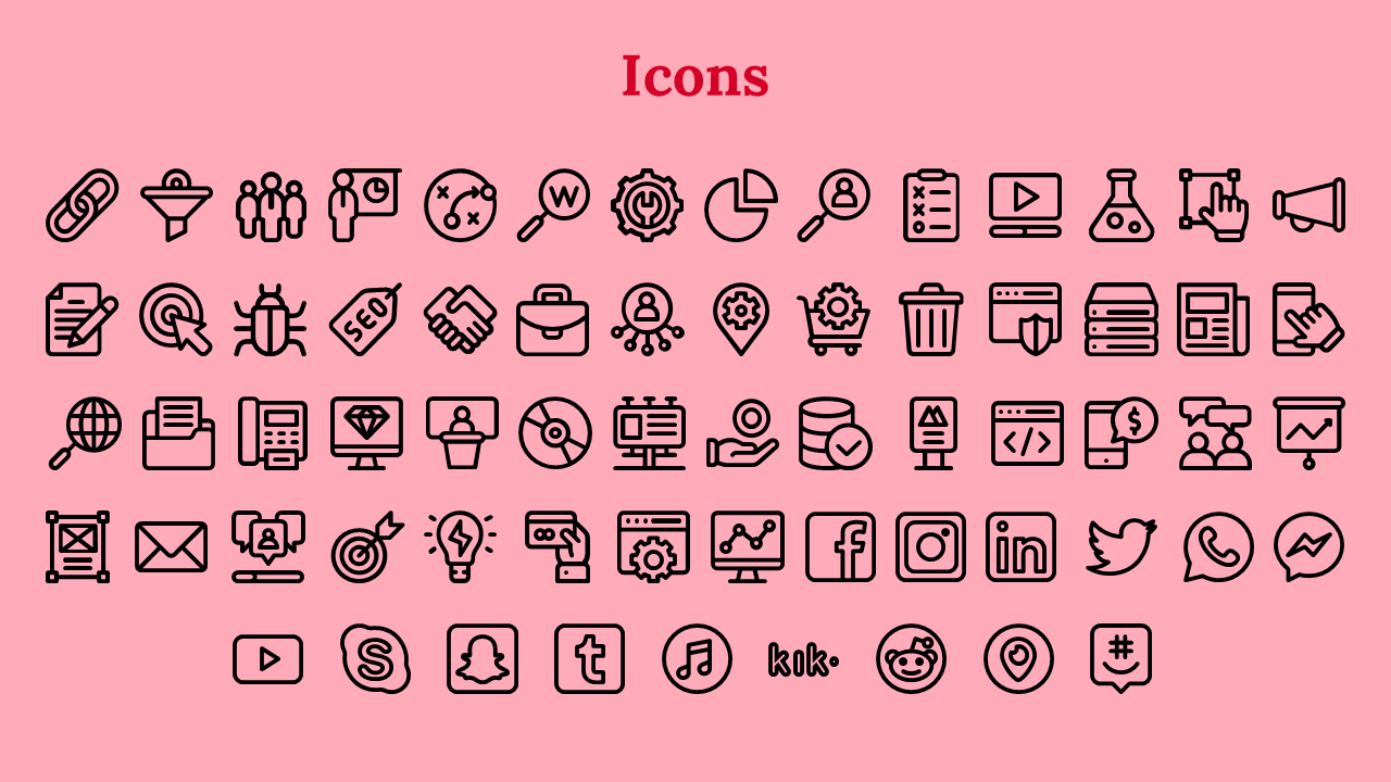 Collection of various black outline icons on a pink background, including business, technology, and social media symbols.