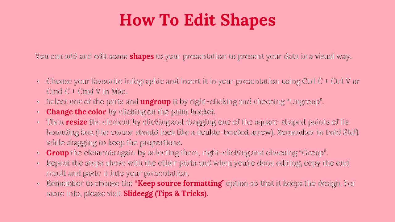 Instructions slide on a pink background explaining how to add, edit, ungroup, recolor, resize, and group shapes.
