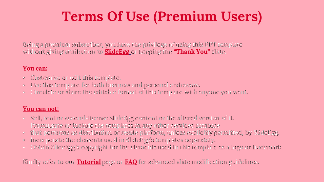 SlideEgg premium terms of use slide with red headings, outlining what users can and cannot do, on a pink background.