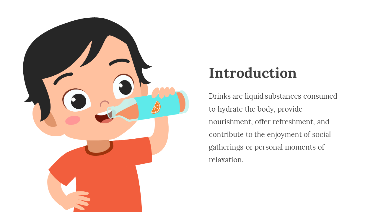 Illustrated boy in red shirt drinks from blue bottle with orange slice label, and text in gray, against a white background.