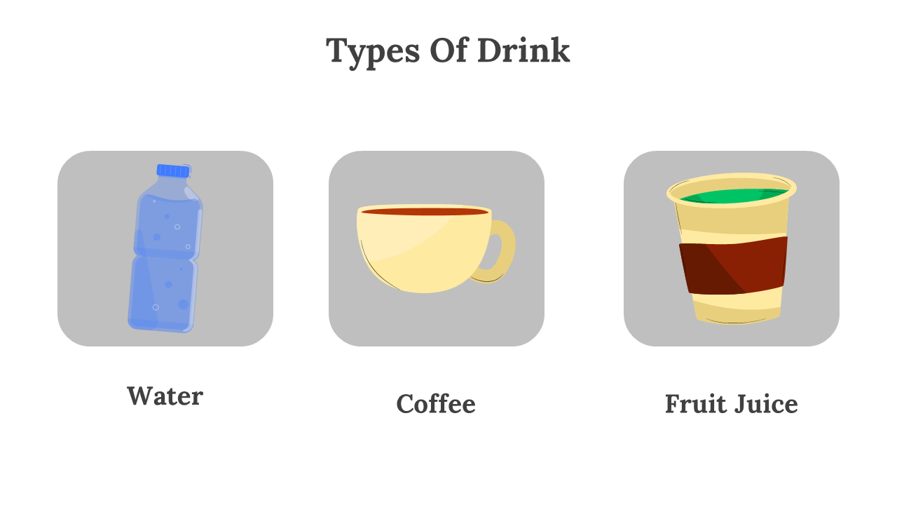 Three gray rounded rectangles each contain a blue water bottle, cream coffee cup, and green fruit juice cup.