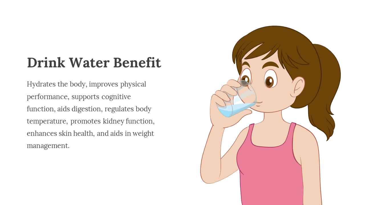 Illustrated girl with brown ponytail wearing pink top drinks from a glass half filled with blue water, on white background.