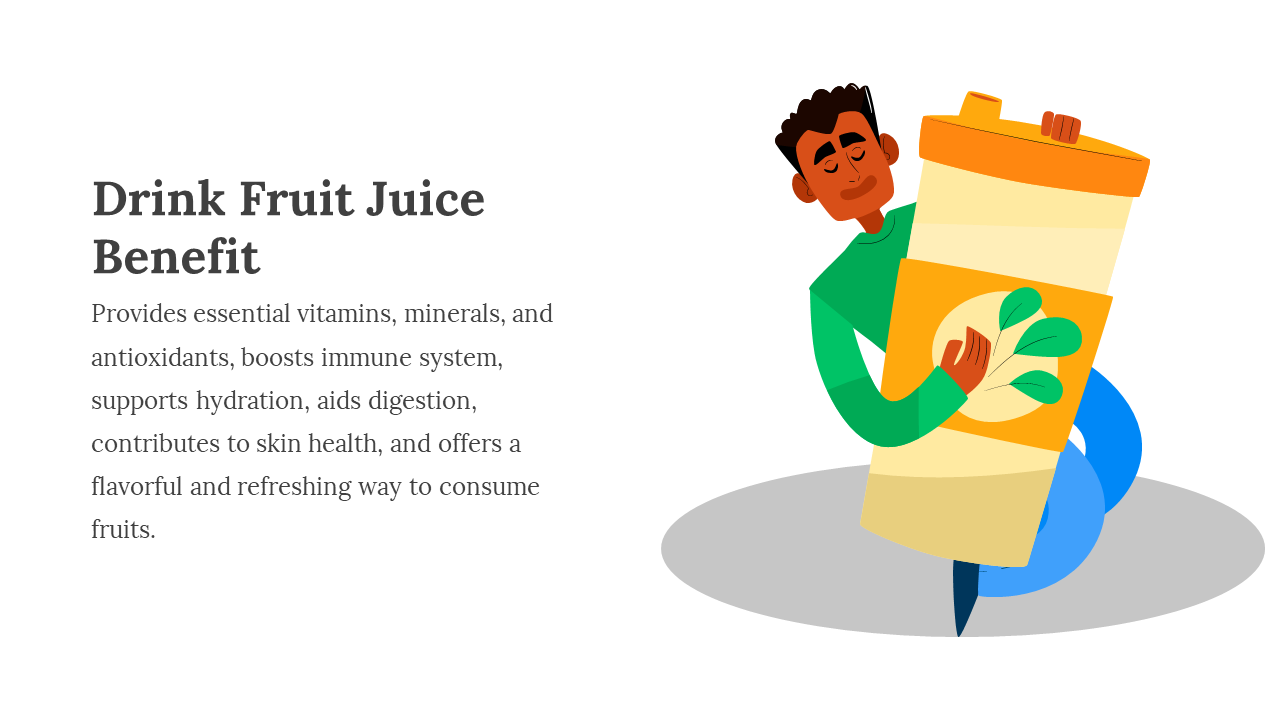 Illustration of a person in green holding a large yellow orange juice carton with a leaf design, seated on a gray oval base.