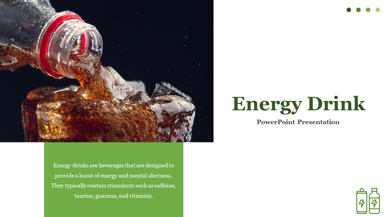 Slide pack featuring various images of drinks and text on ingredients, risks, and marketing with green accents.