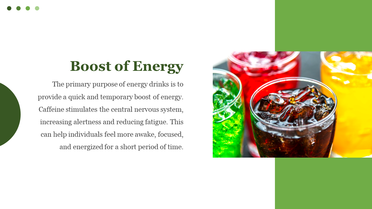 Four vibrant drinks with ice in red, green, yellow, and brown on right and bold title and text on the left.