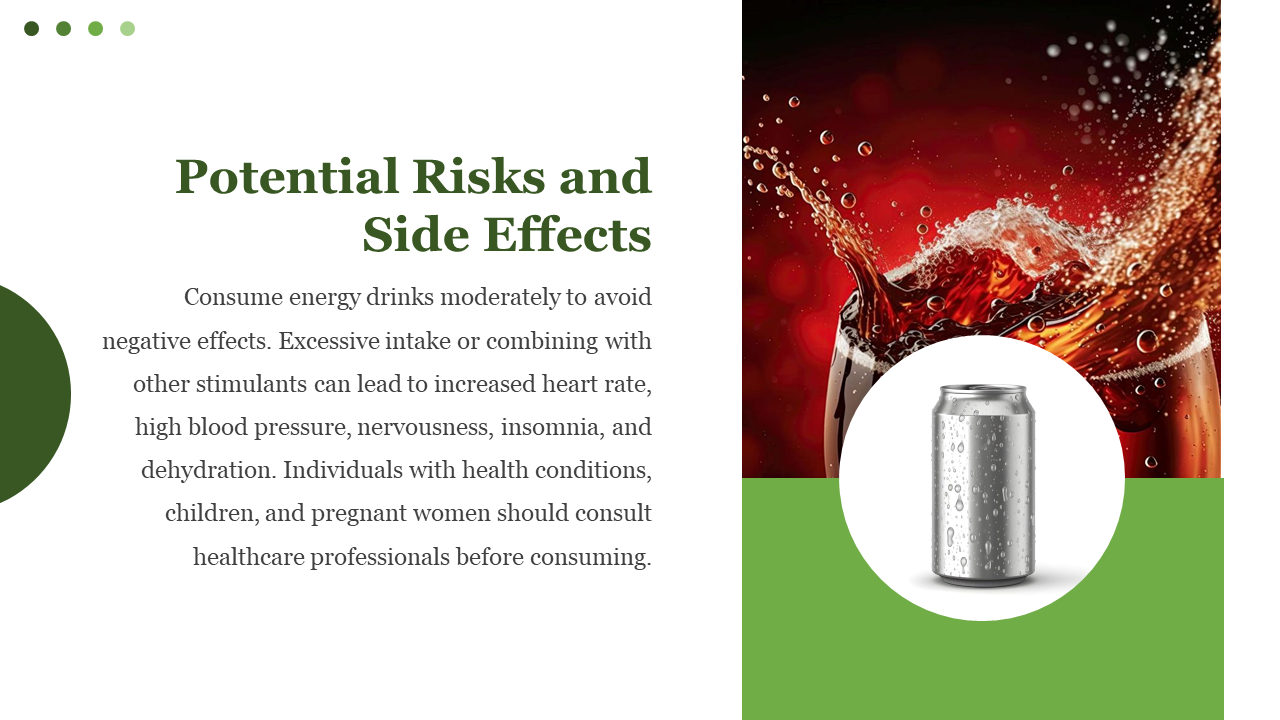 Text on white left panel and right shows soda splash in glass with a silver can in a white circle over green bottom.