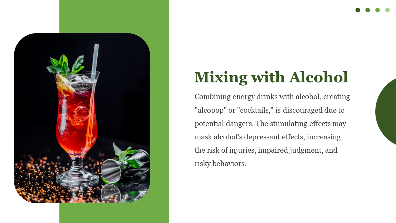 Cocktail glass with red liquid and ice on reflective surface in a green frame, and text on the right white space.