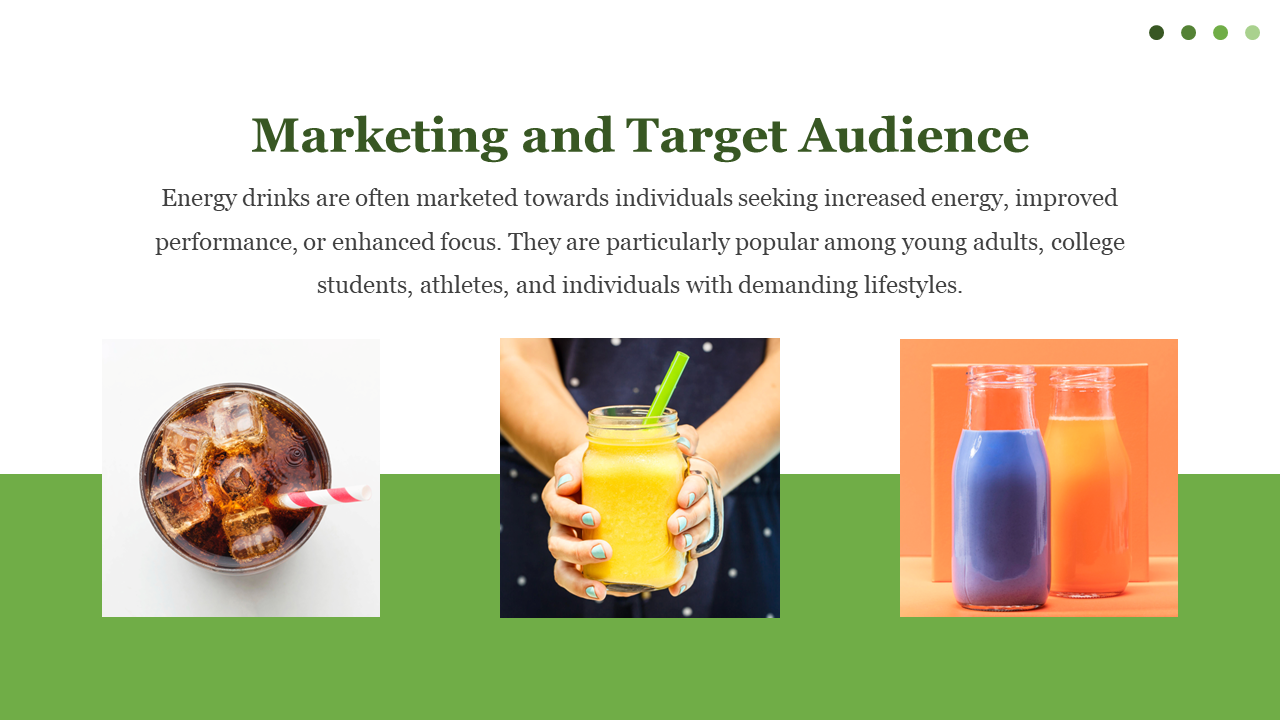 Slide with centered text above three square photos of iced soda, yellow smoothie, and blue, and orange drinks in bottles.