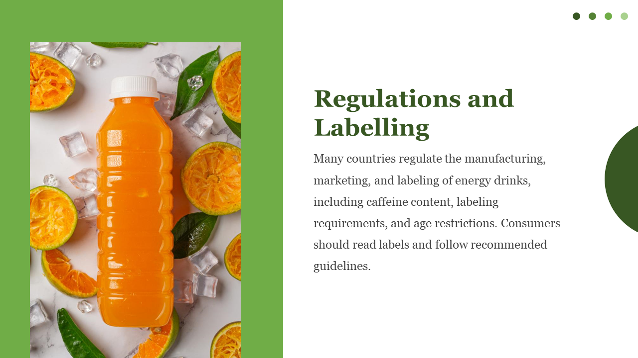 Bright orange drink bottle with cut citrus slices, leaves, and ice cubes, in a green frame, and text on the right.
