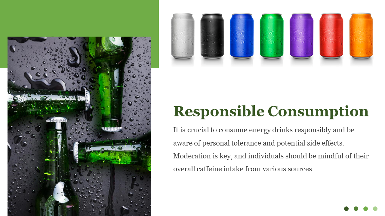 Slide with green glass bottles lie on black wet background and rainbow colored cans above title and text on the right.