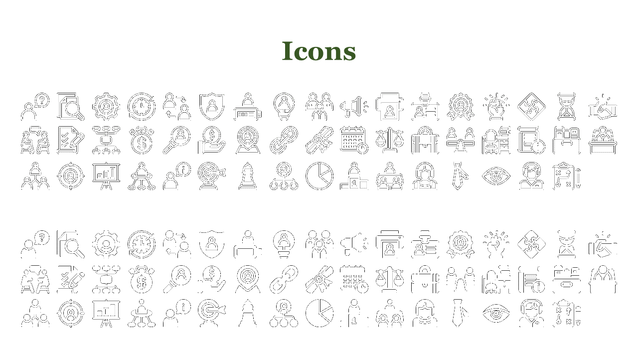 Slide titled in green font, showing two rows of black outlined and filled icons on a white background.
