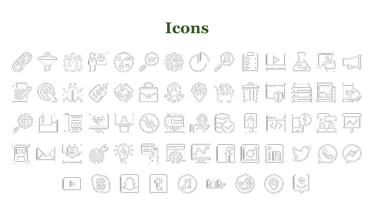 Organized layout of black stroke style icons, including tools, analytics, and social platforms, under a green title.