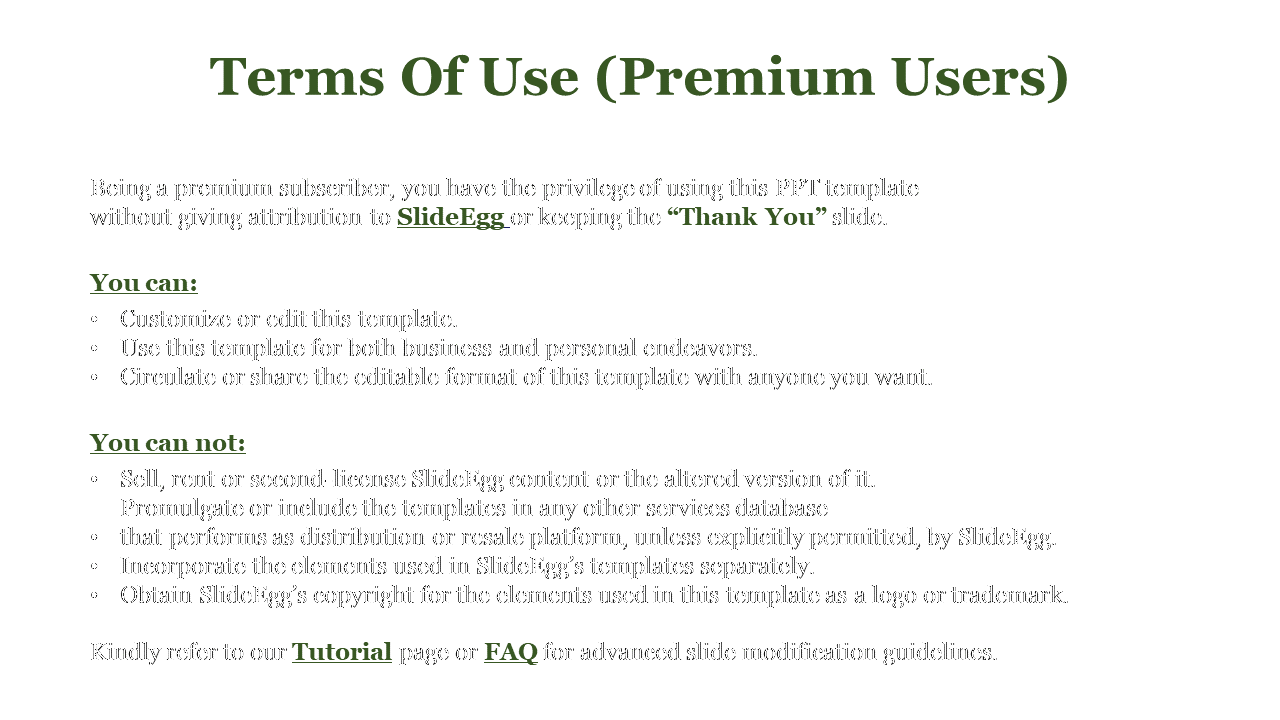 Slide with bold header, black text sections, and green highlighted subheadings and links, outlining premium users terms.