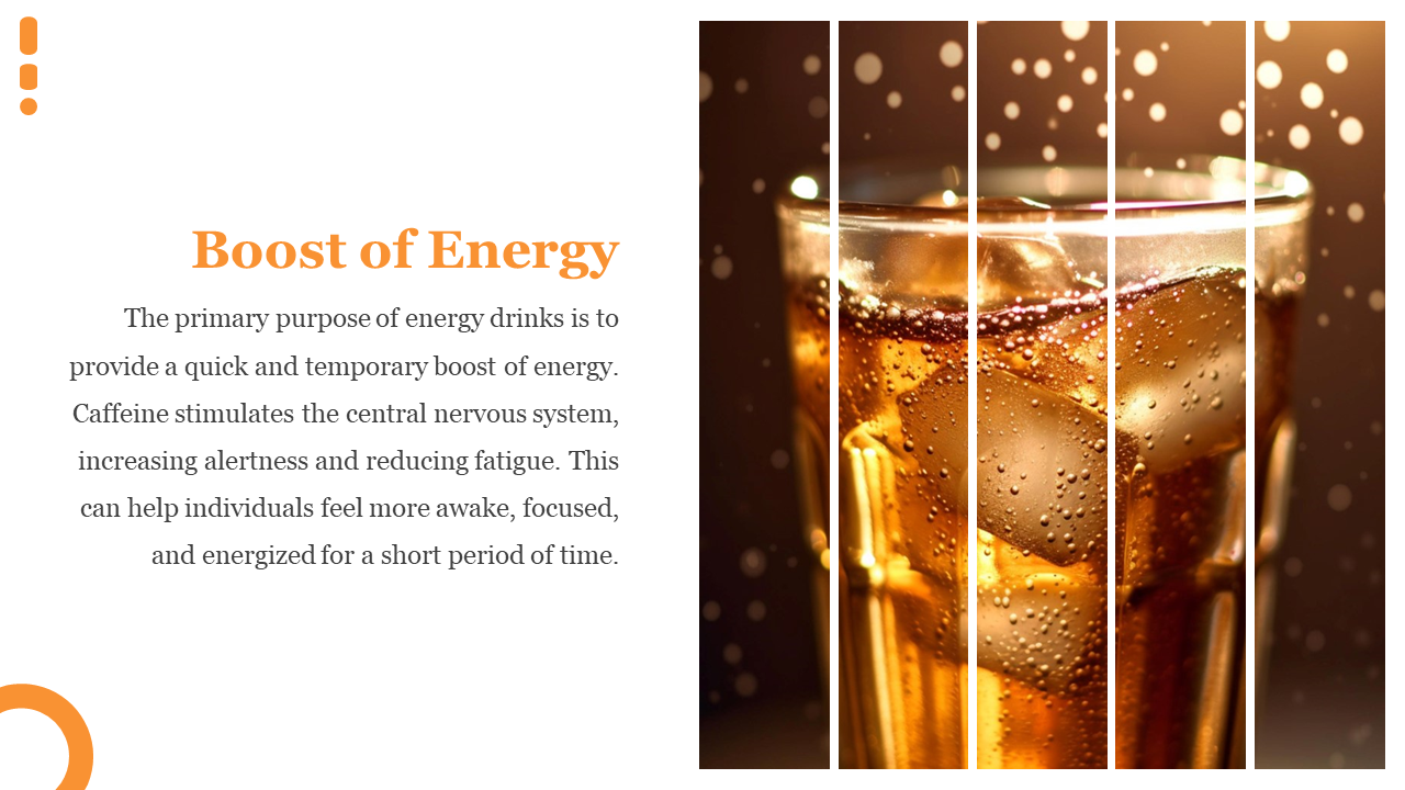 Side with soda glass with ice in vertical slices and left side shows title and text with orange corner shapes.