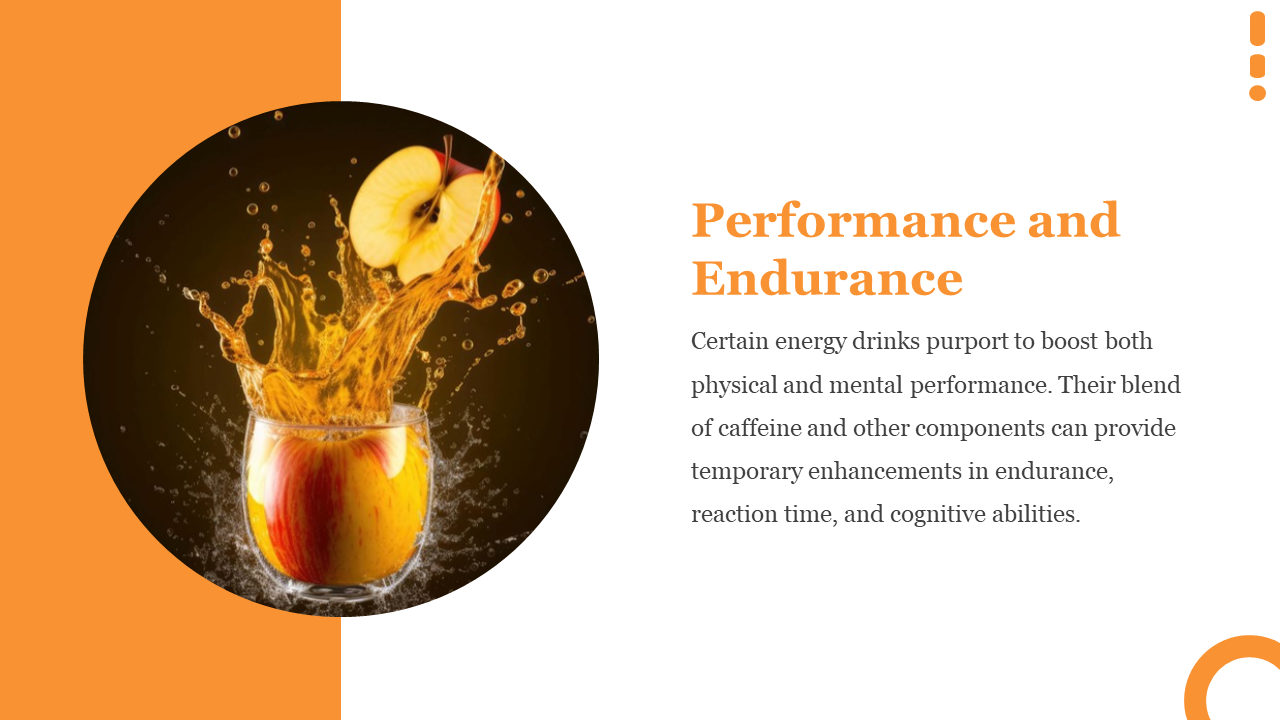 Apple slice splashing into juice inside a dark circle with orange accents and right side includes bold title and text.