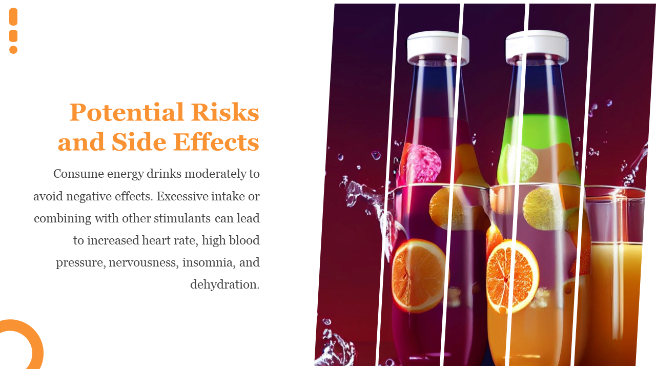 Tilted vertical slices show bottles with fruits in vivid juices and orange title and gray text appears on left white panel.
