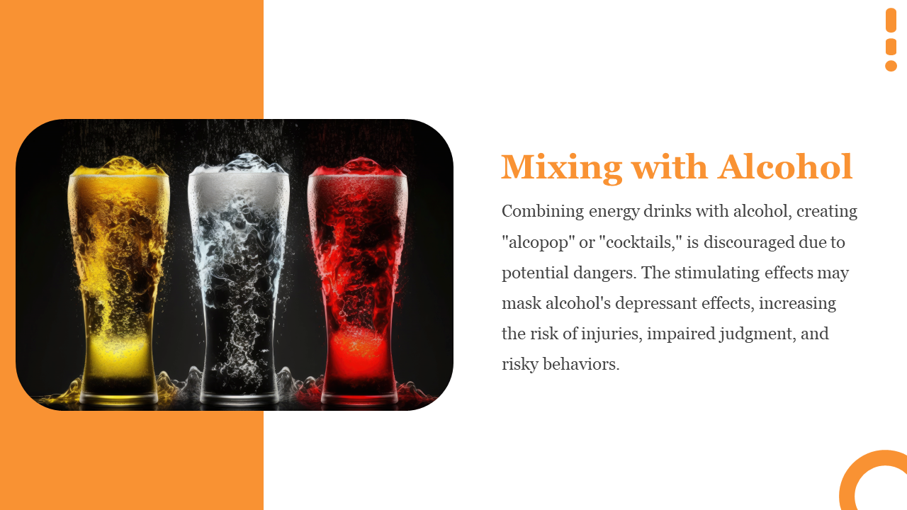Slide with three fizzy drinks in yellow, black, and red on black rectangle and right has orange title and text on white.