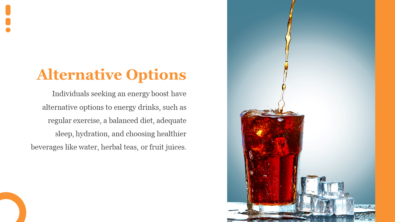Tall iced beverage being filled beside stacked ice cubes on right and orange title with centered text on left.