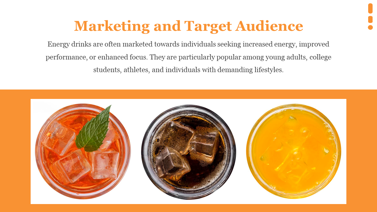 Three top view drinks in red, brown, and yellow with ice sit below title and text, in white and orange layout.