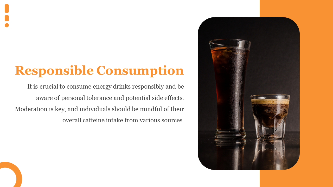 Split layout with two glasses of fizzy brown drinks on dark background and orange title and text on white left space.