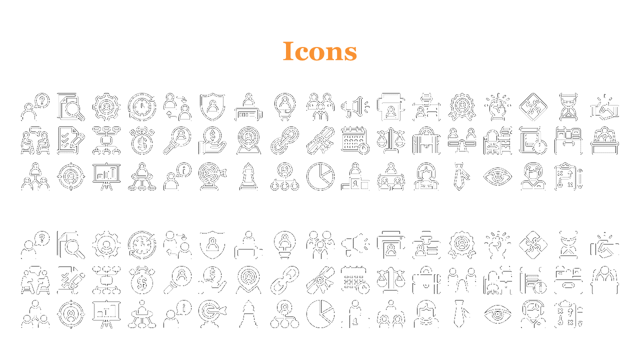 Slide titled in orange font, showing two rows of black outlined and filled icons on a white background.