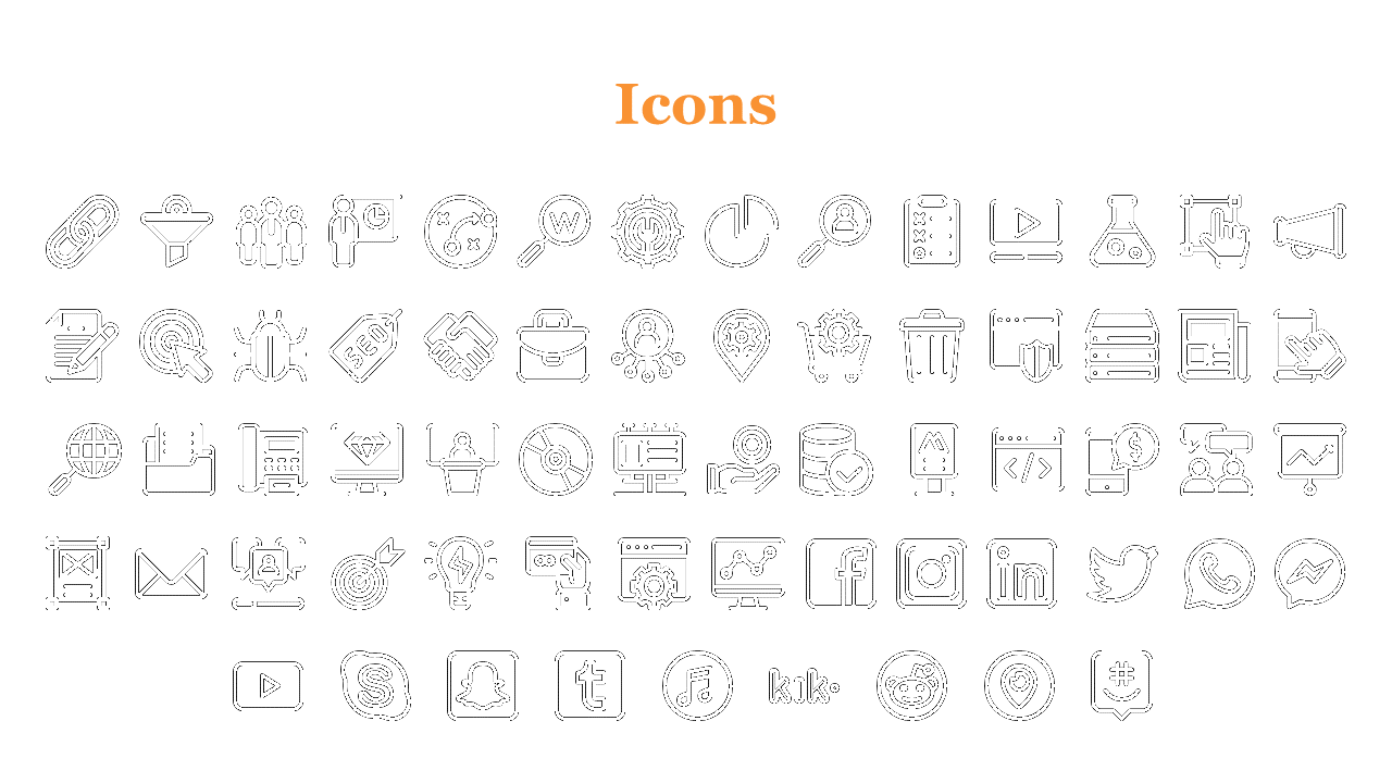 Organized layout of black stroke style icons, including tools, analytics, and social platforms, under an orange title.