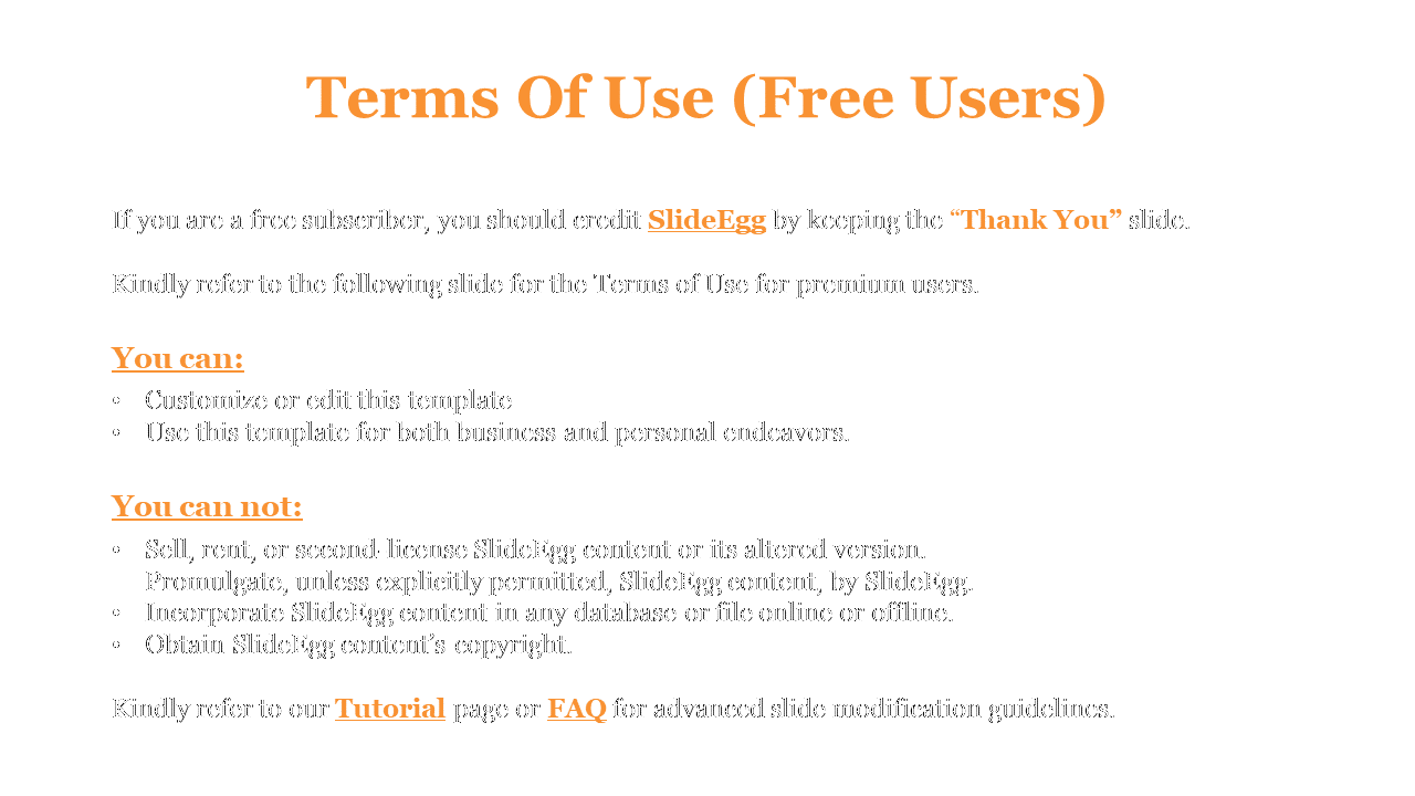 Free users terms slide with bold title, black text, and orange highlighted subheadings and hyperlinks.