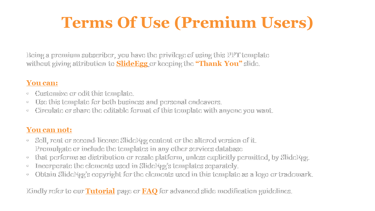 Slide with bold header, black text sections, and orange highlighted subheadings and links, outlining premium users terms.