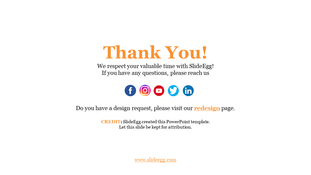 Centered layout with orange thank you, black text, and social media icons in circular blue, red, and gradient shapes.