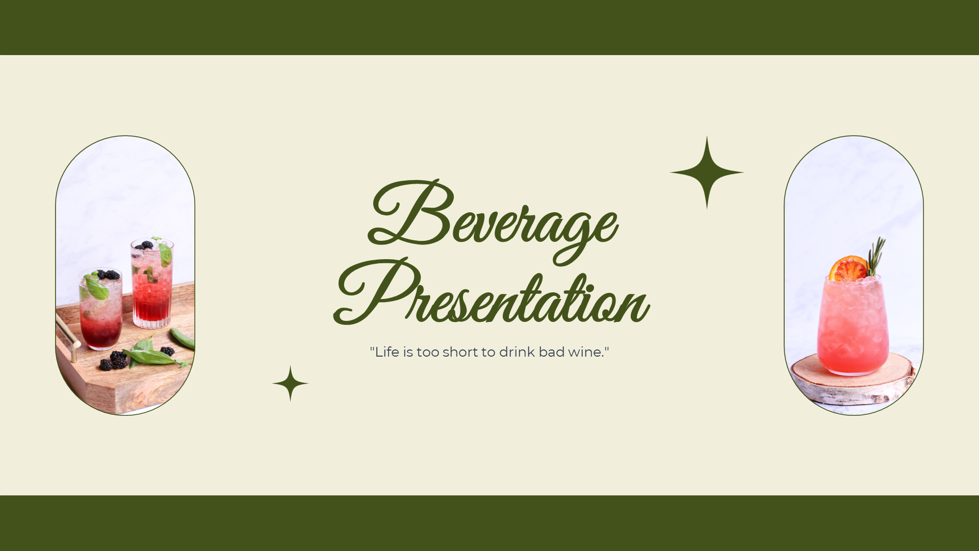 Beverage themed slides with images of various drinks, including coffee and cocktails.