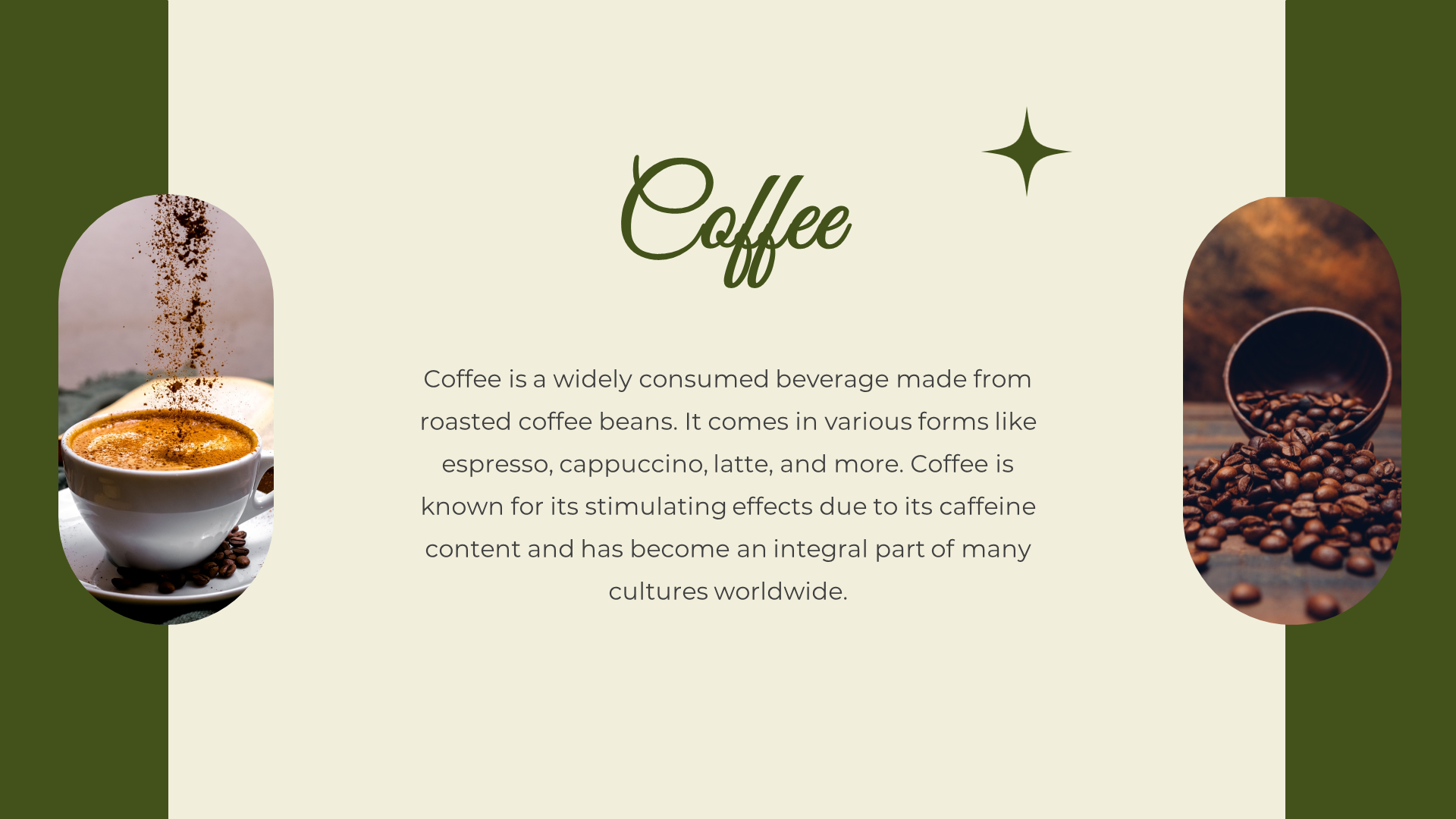 Beige background with oval frame of coffee cup image and coffee beans on right with green text and star icon centered above.