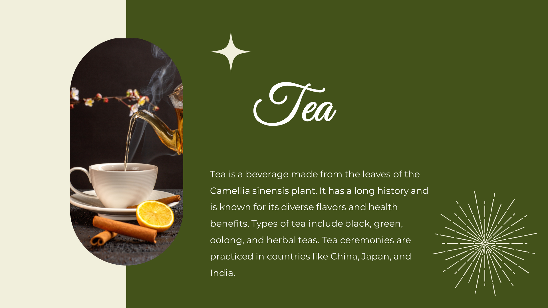 Split layout with oval image of tea being poured into a cup and green background on right with white text and star icons.