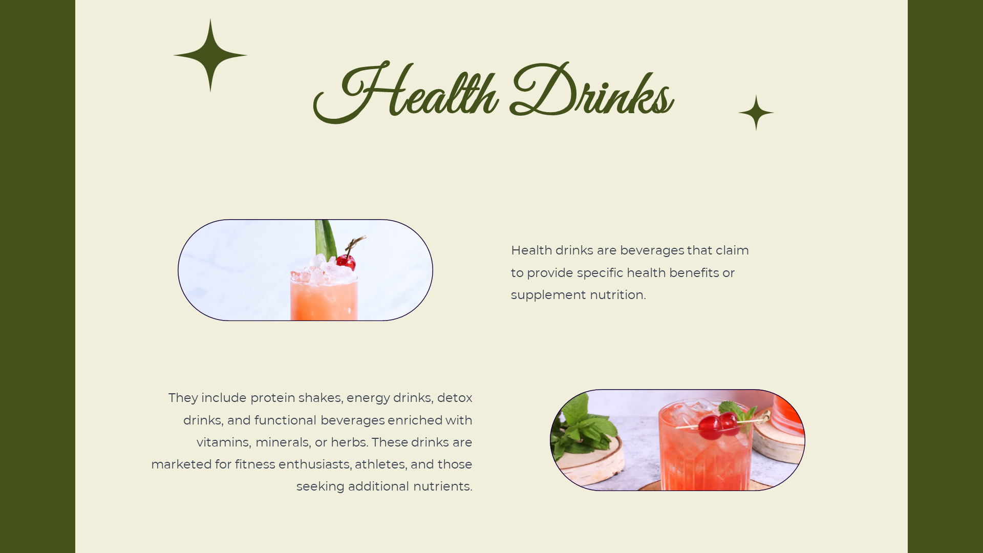 Cream layout with two rounded rectangle drink photos, flanked by text with green border and star icons.