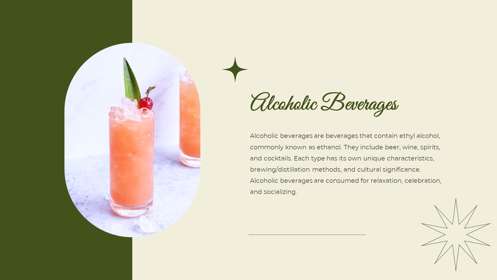Split layout with left oval image of orange drink on ice and a green cursive title and text on beige background.