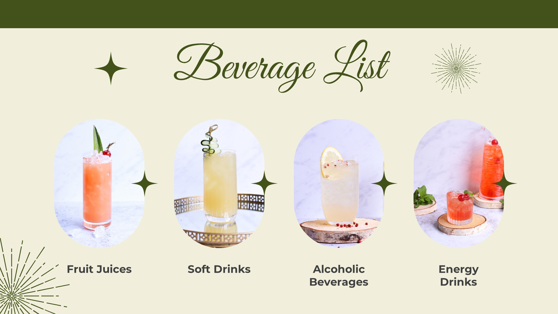 Four oval images of drinks in tall and short glasses on pale background with green stars and header above.