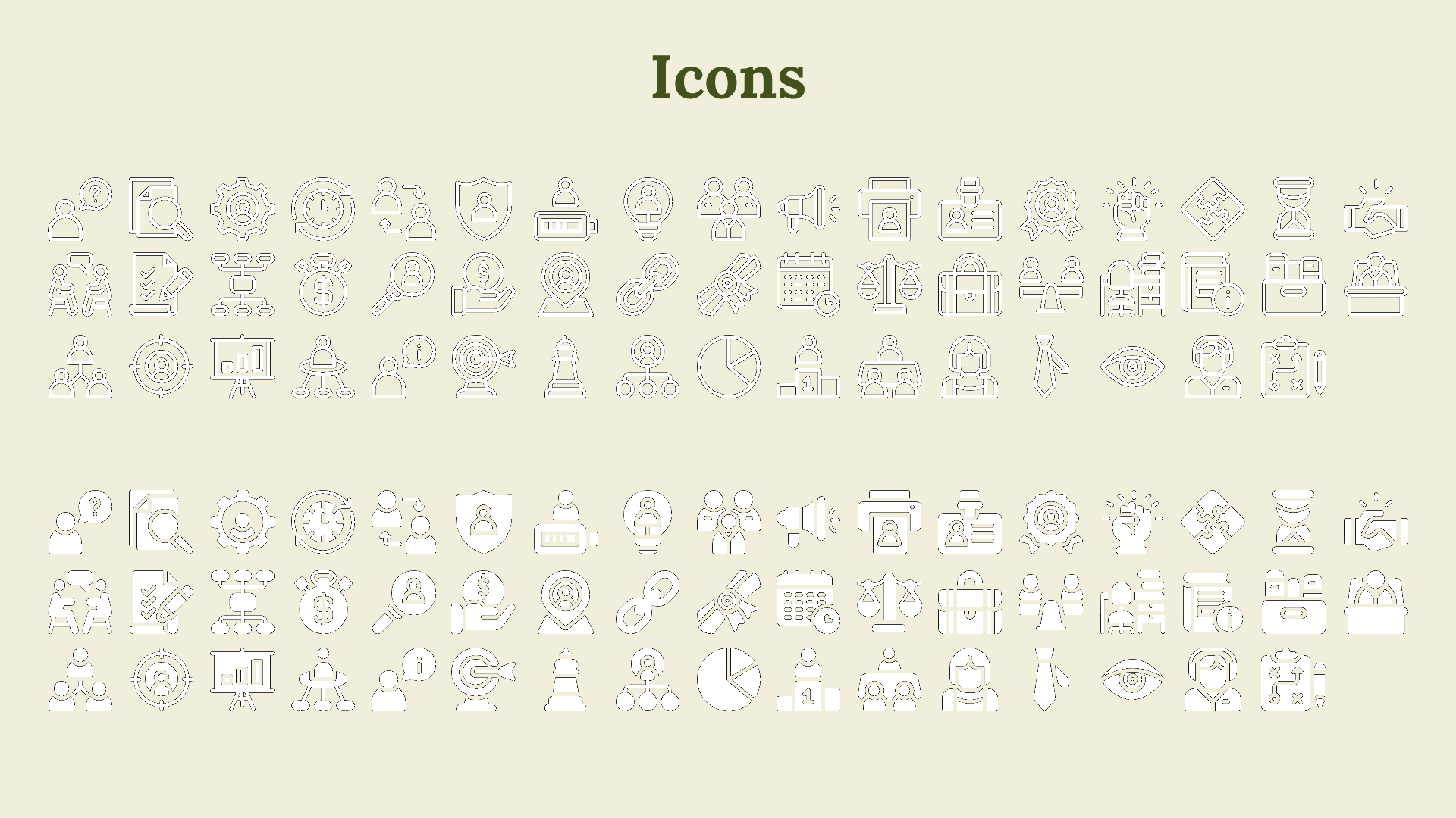 Two sets of black icons on beige background, with outlined on top and filled on bottom, under a green title.