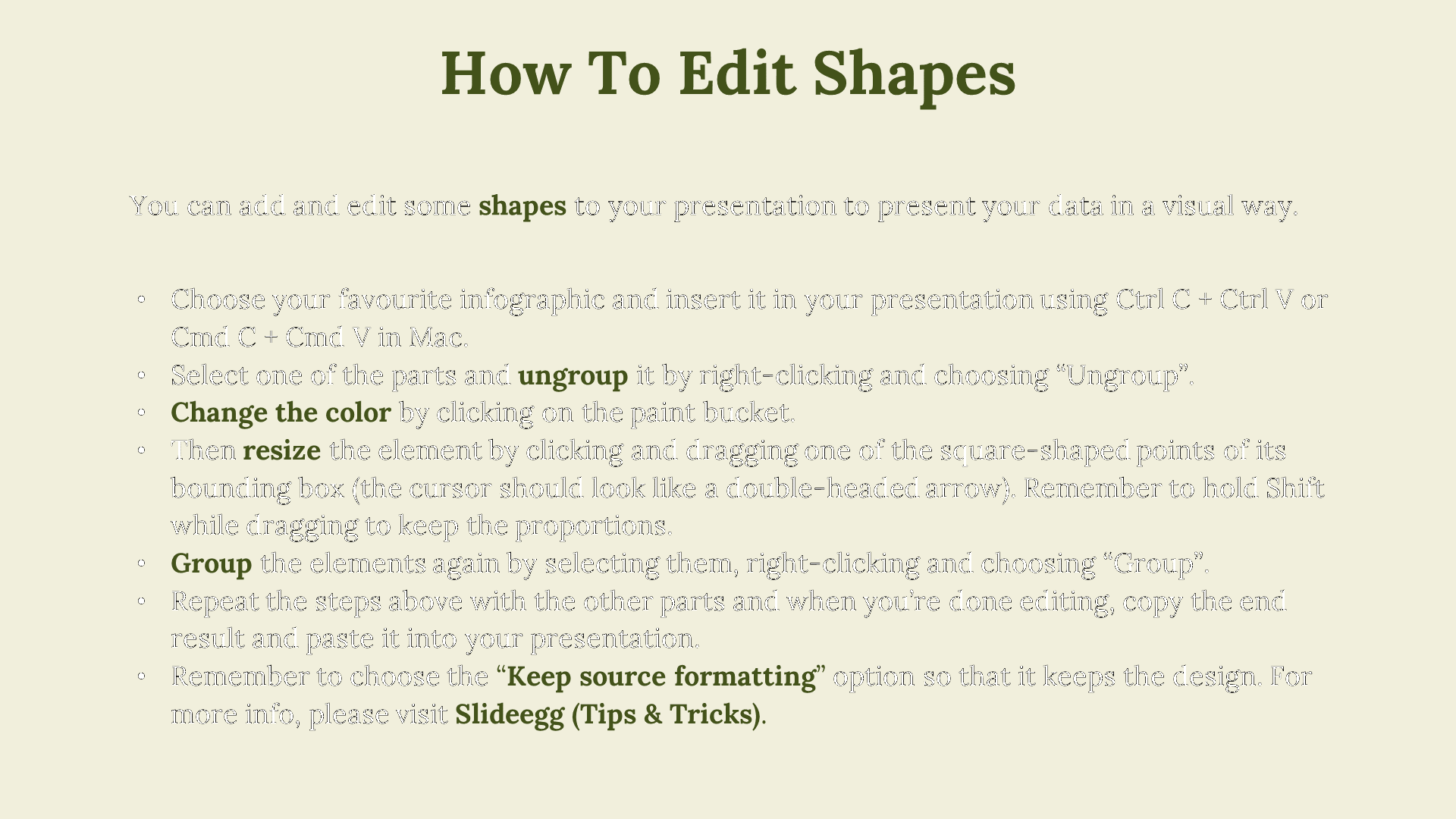 Slide with bold green title on beige background, featuring a bulleted list of shape editing steps and instructions.