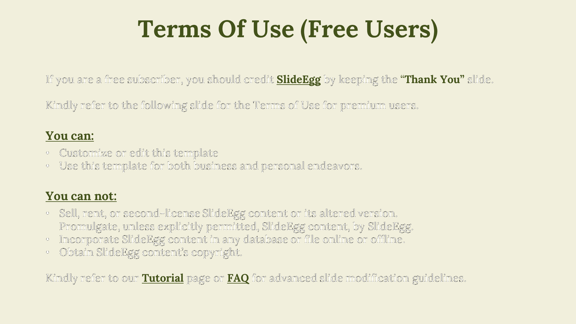 Beige slide with green bold title, two sections listing permitted and restricted actions for free users in bullet points.