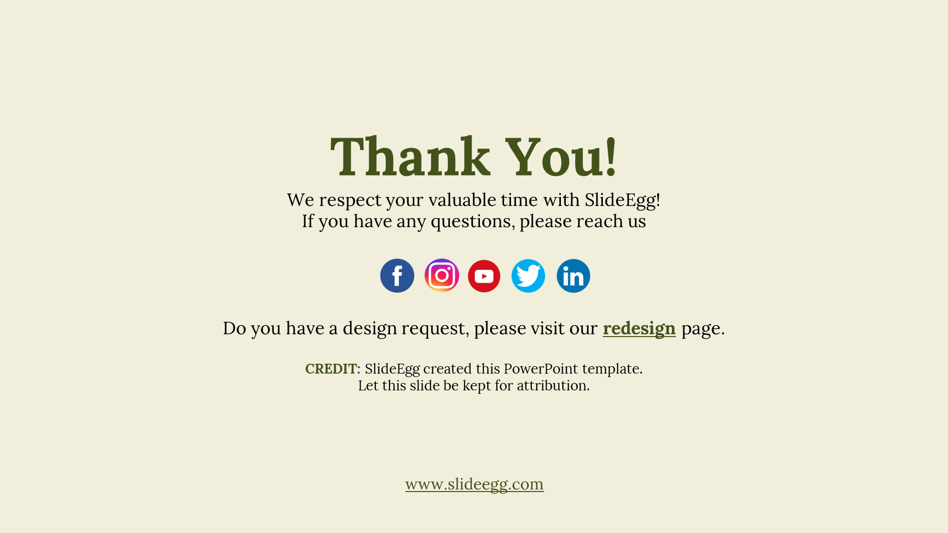 Beige thank you slide with green bold heading, social media icons centered, and credit note at bottom with website link.