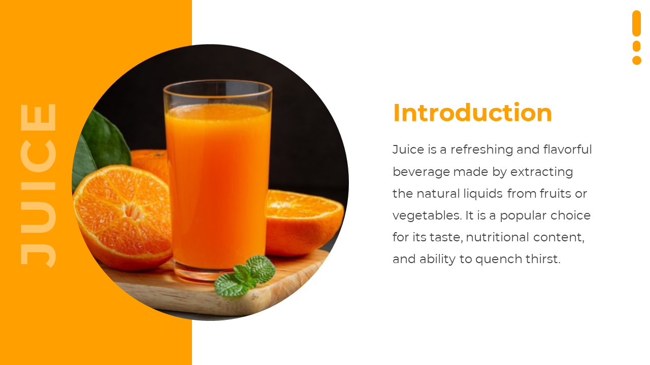 Orange left panel with circular photo of orange juice in glass and sliced fruit with bold title and text on the right.