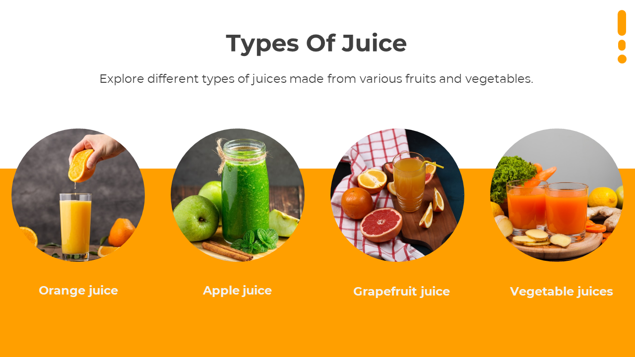 Four circular juice images on orange and white layout, each showing a different type with fruits and labeled below.