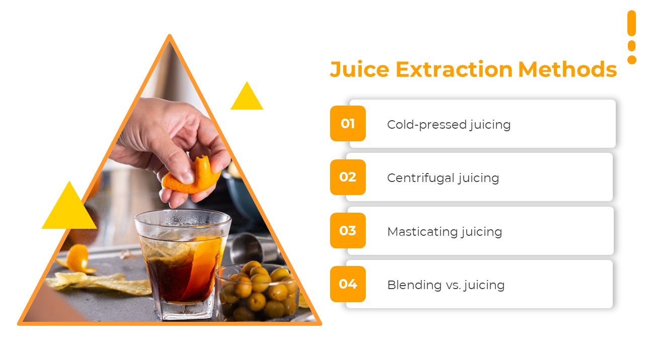 Hand squeezing citrus peel over drink in triangle frame and four numbered orange sections detailing juicing techniques.