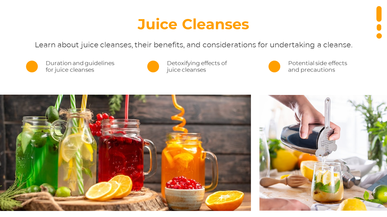 Orange title and three captions at top and bottom shows vibrant juice jars with fruits and a hand straining juice into glass.