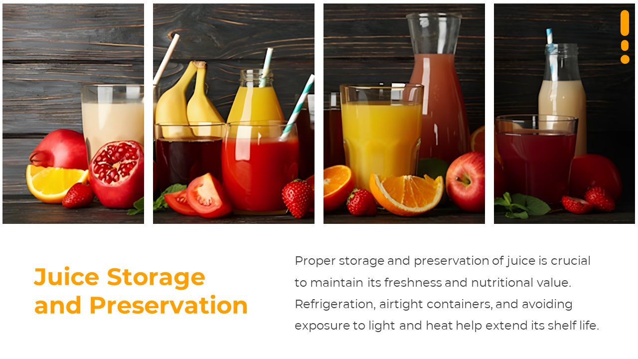 Four vertical juice photos with fruits on dark wood background and an orange title and text on the bottom white space.