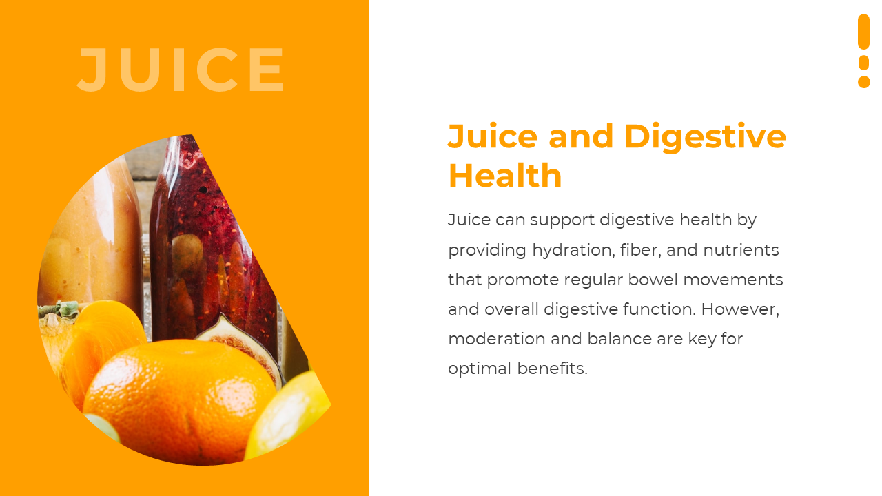 Split layout with orange left side showing diagonal fruit and juice bottle image and text on the right white space.