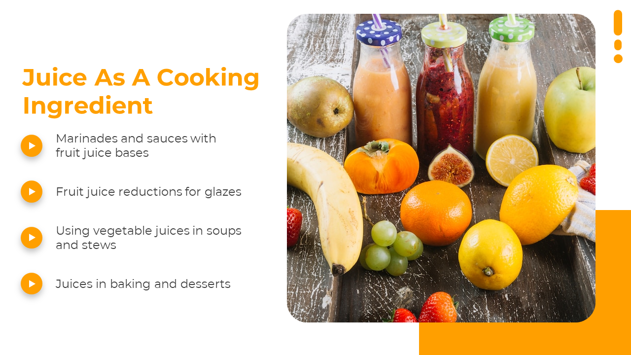 Orange title and bullet list on left and rounded image of fruits and bottled juices arranged on a wooden surface.