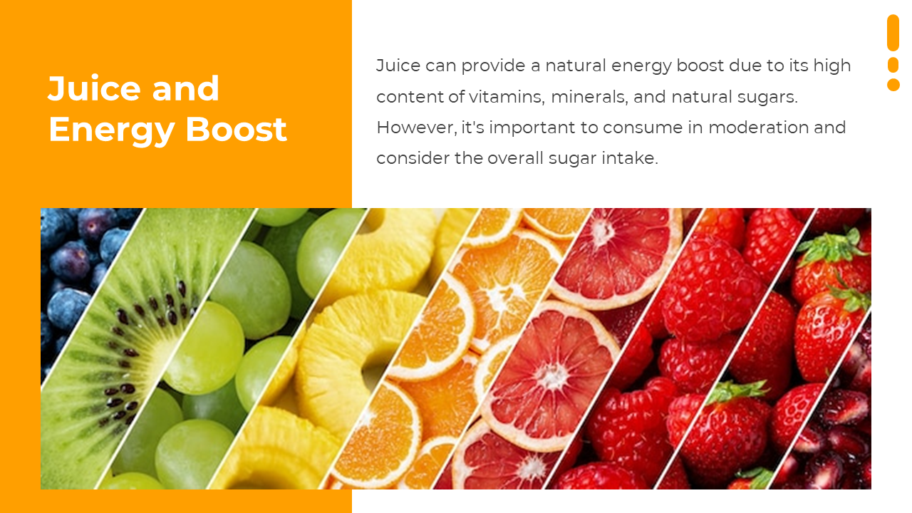 Horizontal fruit collage with diagonal slices of berries, citrus, and grapes and an orange sidebar with heading on the left.